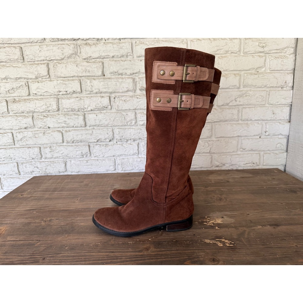 Nine West NW Tumble Brown Suede Leather Buckle Accent Riding Boots Size 6.5